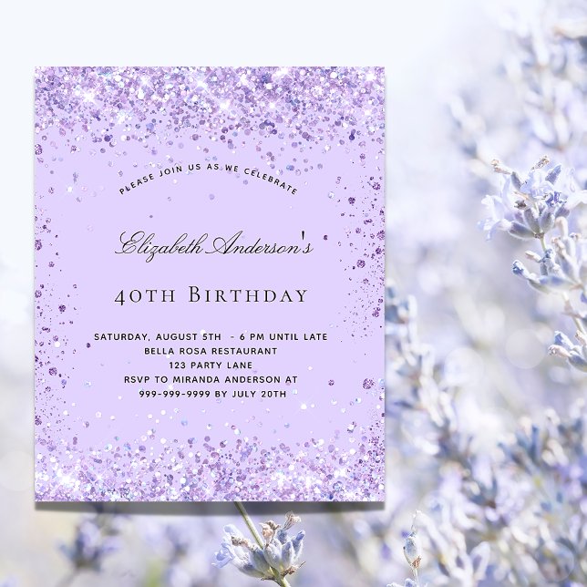 Birthday violet glitter script budget invitation (Creator Uploaded)