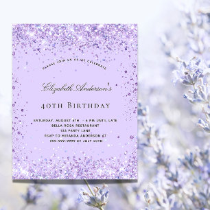 Birthday violet lavender glitter dust script invitation postcard