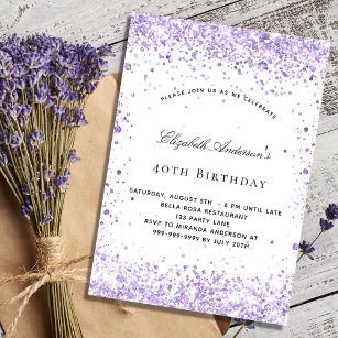 Birthday violet lavender glitter script elegant invitation