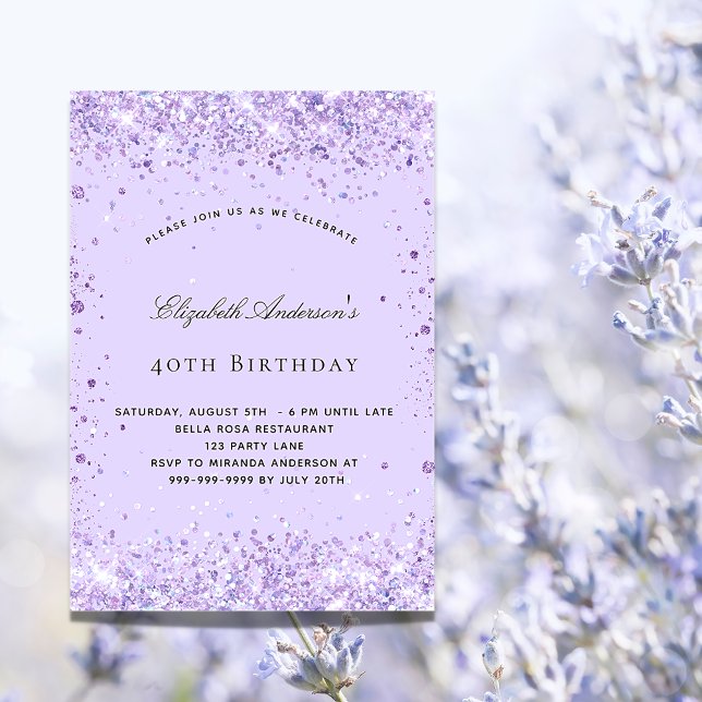 Birthday violet lavender glitter script luxury invitation (Creator Uploaded)