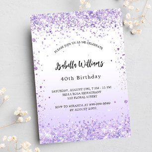 Birthday violet lavender sparkles script invitation postcard
