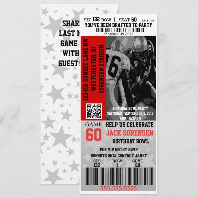 Birthday VIP Football Ticket Sports Celebration Invitation (Front/Back)