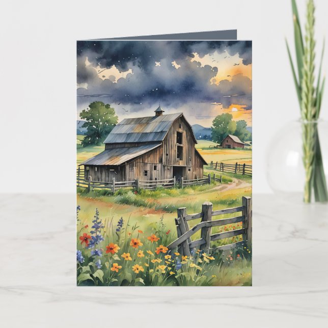 Birthday Watercolor Barn With Wildflowers Card (Front)