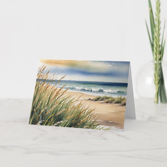 Birthday Watercolor Beach Grass and Ocean Scene Card (Front)