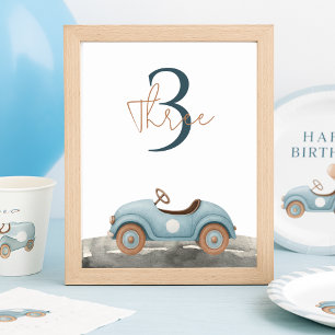 Birthday Watercolor Blue Car  Table Number