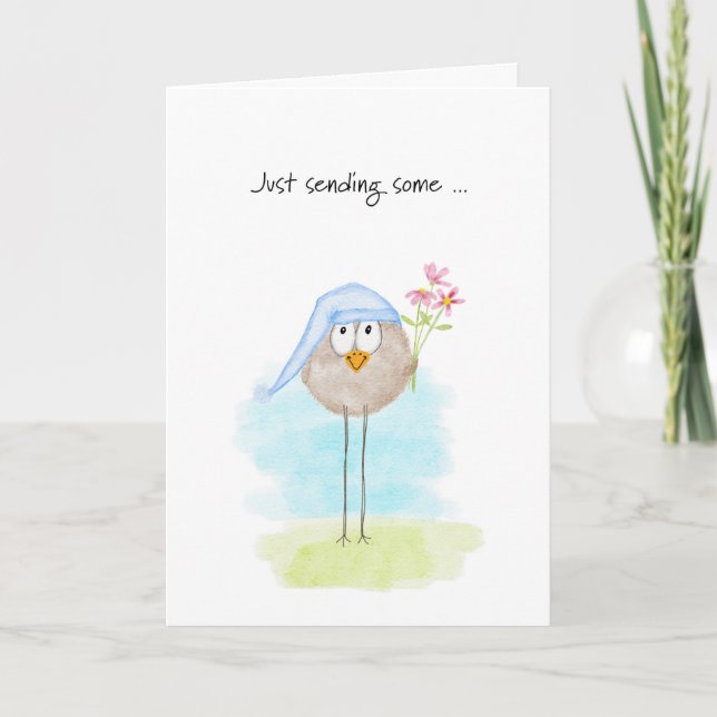 Birthday Watercolor Cute Little Bird with Flowers Holiday Card (Front)