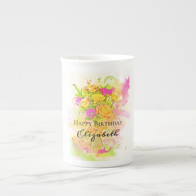 Birthday Watercolor Flower Bouquet Bone China Mug (Front)