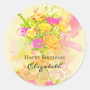 Birthday Watercolor Flower Bouquet Classic Round Sticker
