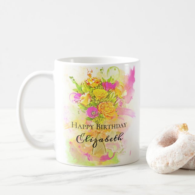 Birthday Watercolor Flower Bouquet Coffee Mug (With Donut)