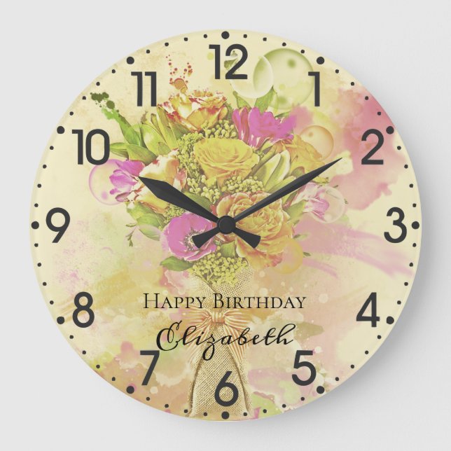 Birthday Watercolor Flower Bouquet Large Clock (Front)