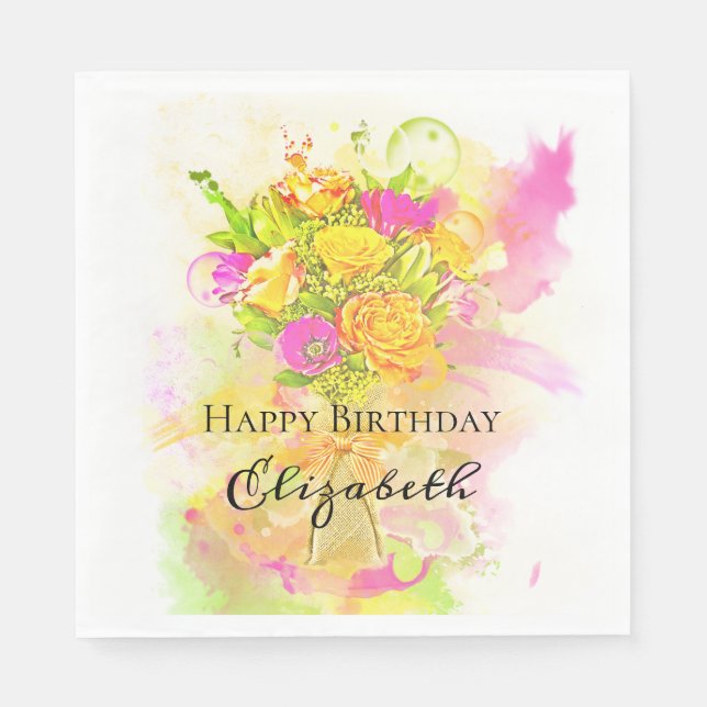 Birthday Watercolor Flower Bouquet Napkin (Front)