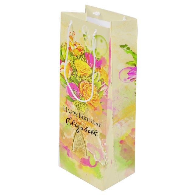 Birthday Watercolor Flower Bouquet Wine Gift Bag (Front Angled)