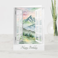 Birthday Watercolor Mountain View In Window