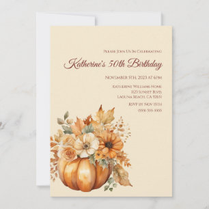Birthday-Watercolor Pumpkin and Flowers- Invitation