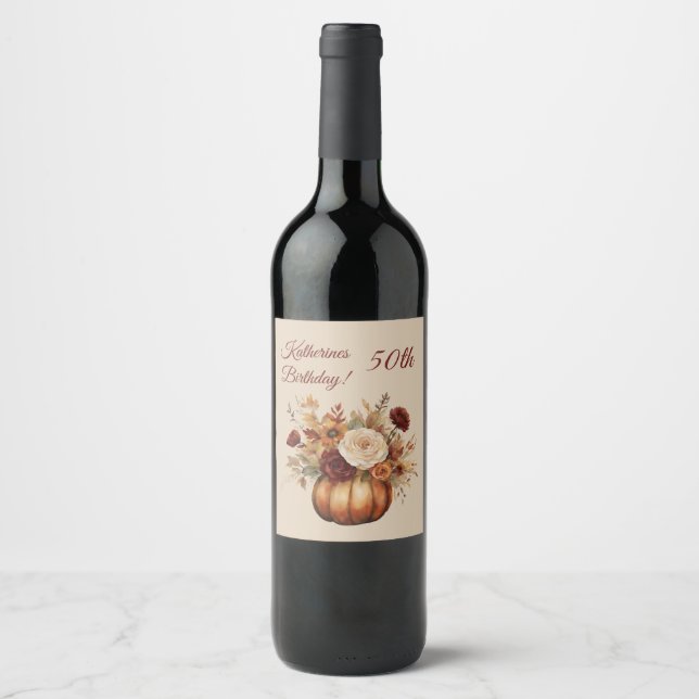 Birthday-Watercolor Pumpkin and Flowers- Wine Label (Front)