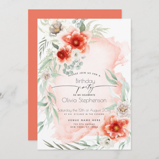 Birthday   | Watercolor Scarlet Flame Floral Invitation (Front/Back)