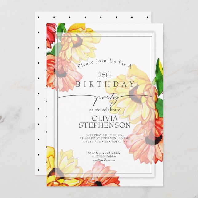Birthday | Watercolor Yellow and Red Gerbera Daisy Invitation (Front/Back)