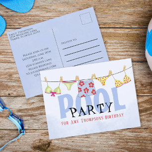 Birthday Whimsical Summer Pool Party Fun Swimsuits Postcard