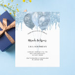 Birthday white blue balloons budget invitation<br><div class="desc">A white background. Decorated with light blue faux glitter drips,  paint dripping look and balloons.  Personalise and a name and party details. 

1 sheet = 1 invitation printed edge to edge.</div>