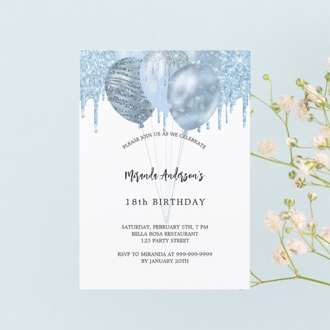 Birthday white blue balloons glitter drips invitation (Creator Uploaded)
