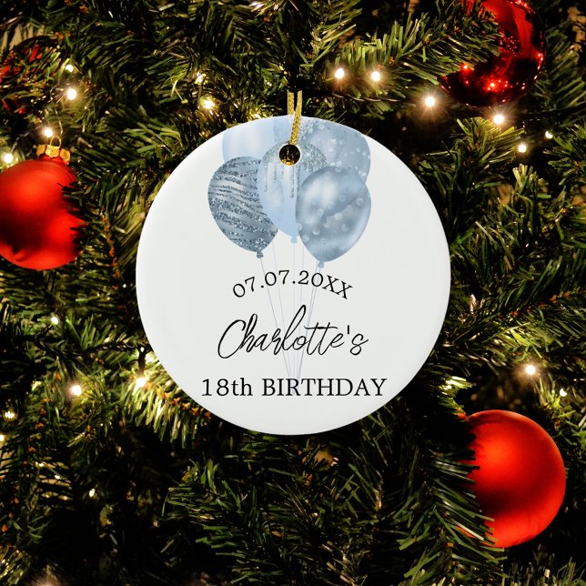 Birthday white blue balloons name ceramic ornament (Creator Uploaded)