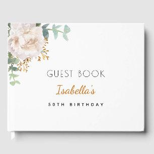 Birthday white floral eucalyptus greenery monogram guest book