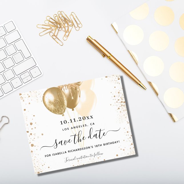 Birthday white gold balloons save the date card (Creator Uploaded)