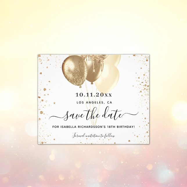 Birthday white gold balloons save the date flyer (Creator Uploaded)