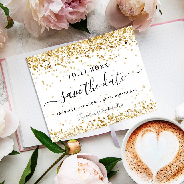 Birthday white gold budget save the date flyer (Creator Uploaded)