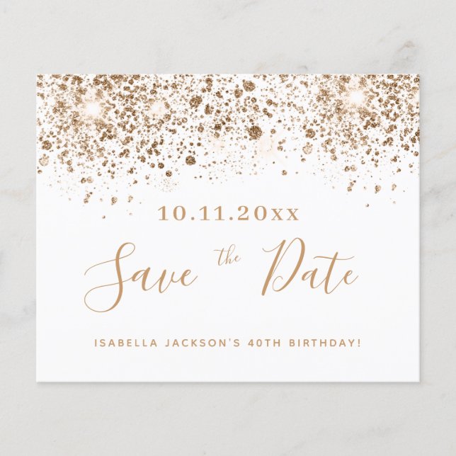 Birthday white gold glitter budget save the date flyer (Front)
