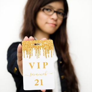 Birthday white gold glitter drips monogram vip  ID badge