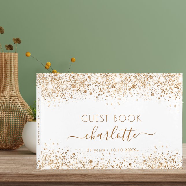 Birthday white gold glitter dust monogram  guest book (Creator Uploaded)