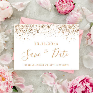 Birthday white gold glitter dust save the date announcement