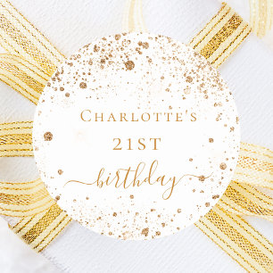 Birthday white gold glitter monogram script favour classic round sticker