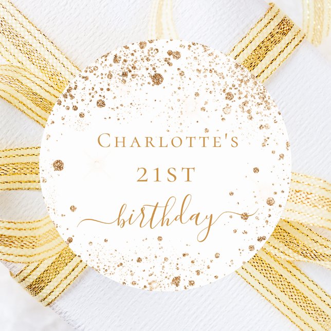 Birthday white gold glitter monogram script favour classic round sticker (Creator Uploaded)