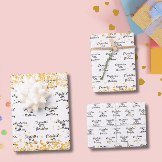 Birthday white gold golden glitter name wrapping paper sheet (Creator Uploaded)