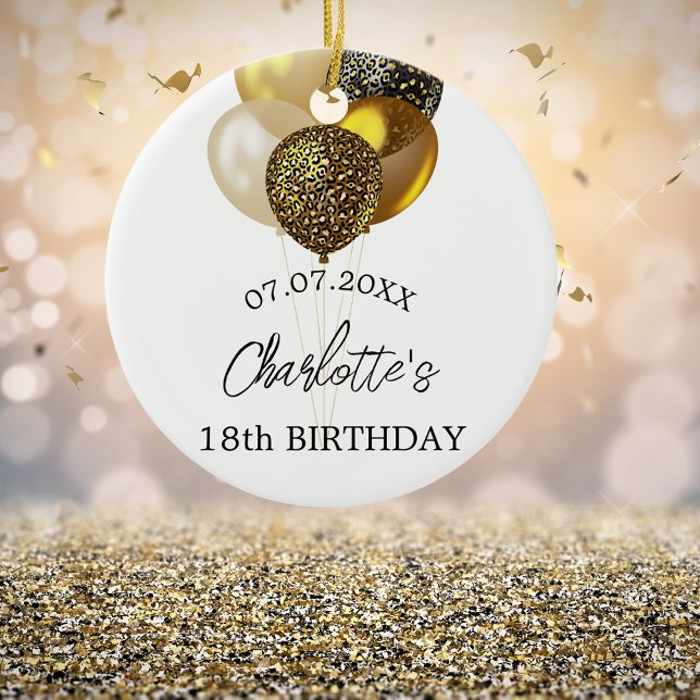 Birthday white gold leopard balloons name ceramic ornament (Creator Uploaded)