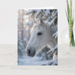 Birthday White Horse In Snowy Pine Tree Card