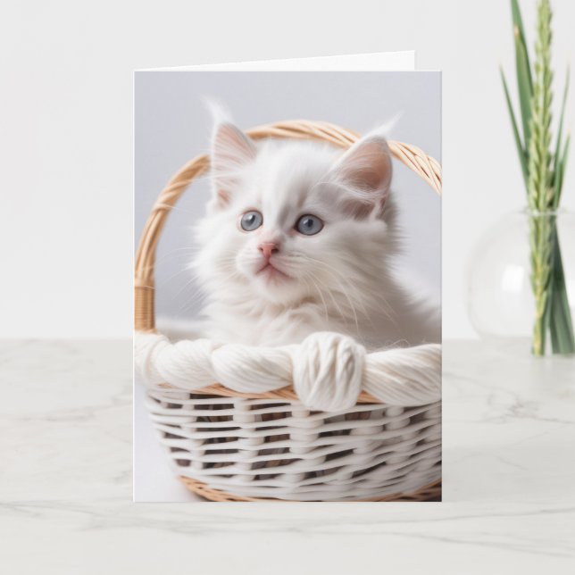 Birthday White Kitten In a Basket Card (Front)