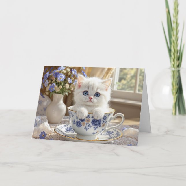Birthday White Kitten In a Teacup Card (Front)
