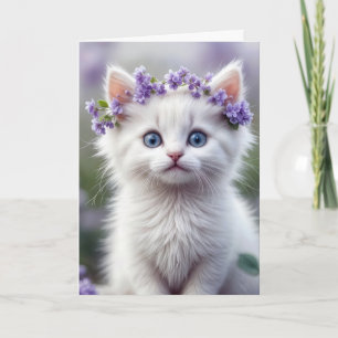Birthday White Kitten With Lilac Laurel Card