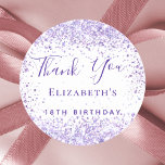Birthday white lavender name thank you  classic round sticker<br><div class="desc">A chic white background. Decorated with violet,  lavender coloured confetti.  Personalise and add a name and age.</div>