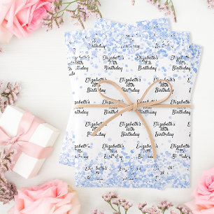 Birthday white light blue confetti sparkle name wrapping paper sheet