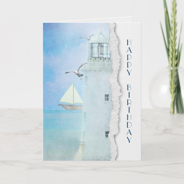 birthday-white lighthouse and sailboat card (Front)