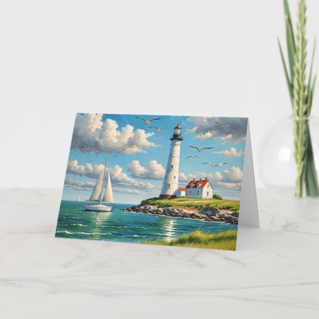 Birthday White Lighthouse With Sailboat Card (Front)