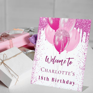 Birthday white pink balloons girl welcome party pedestal sign