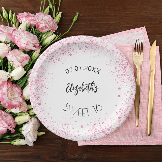 Birthday white pink glitter girl name paper plate (Creator Uploaded)
