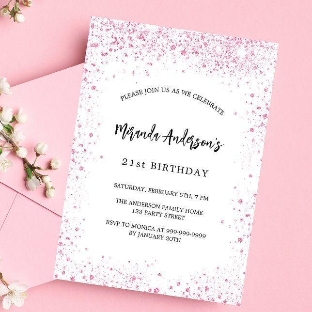 Birthday white pink glitter sparkles elegant invitation postcard (Creator Uploaded)