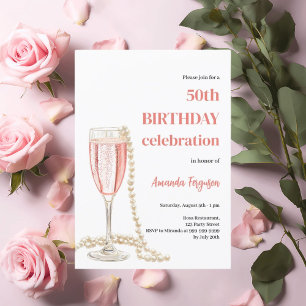 Birthday white pink sparkling wine pearls invitation