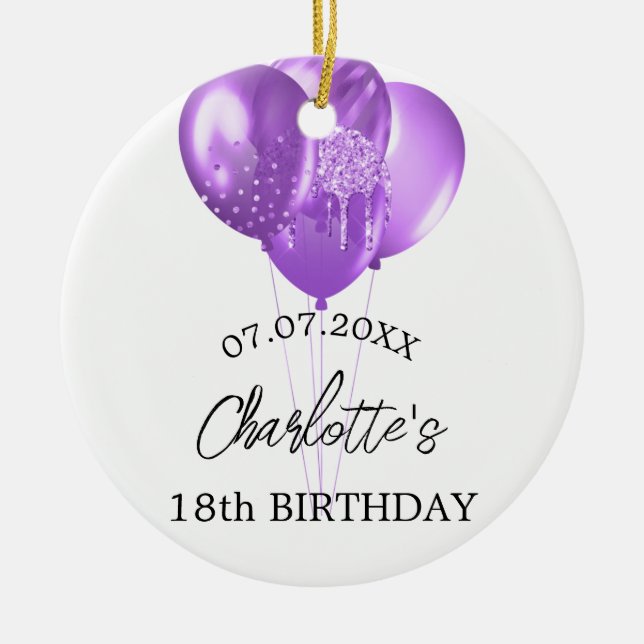 Birthday white purple balloons name ceramic ornament (Front)